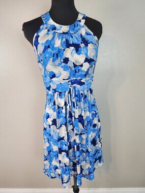 Calvin Klein Size 2 White Blue Watercolor Floral Sleeveless Halter A-Line Dress